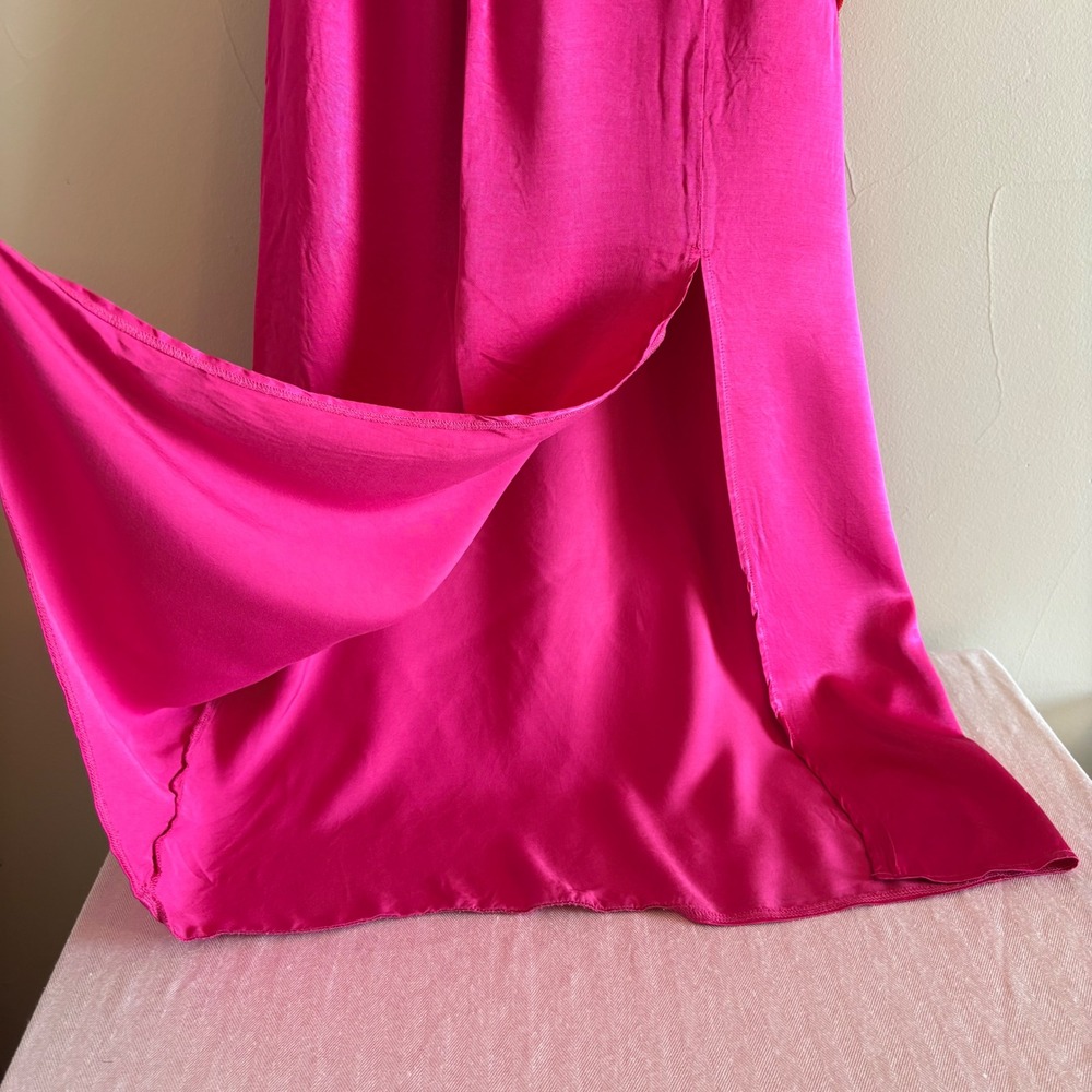 Topshop Hot Pink Satin Red Lace Maxi Nightgown Slip Dress Side Slit Fuchsia SZ 6 - Picture 3 of 13